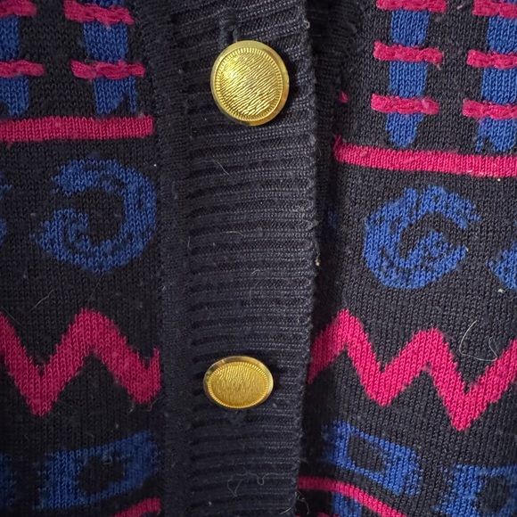 Funky Patterned Thrifted Cardigan with Gold Buttons - Picture 2 of 4